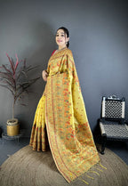 Elora Yellow Pashmina Silk Meenakari Weaving Madhubani Design Kashmiri Saree | Grocsy