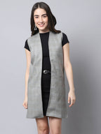 Even Apparels Grey Polywool Open Front Checked Women's Long Coat | Grocsy