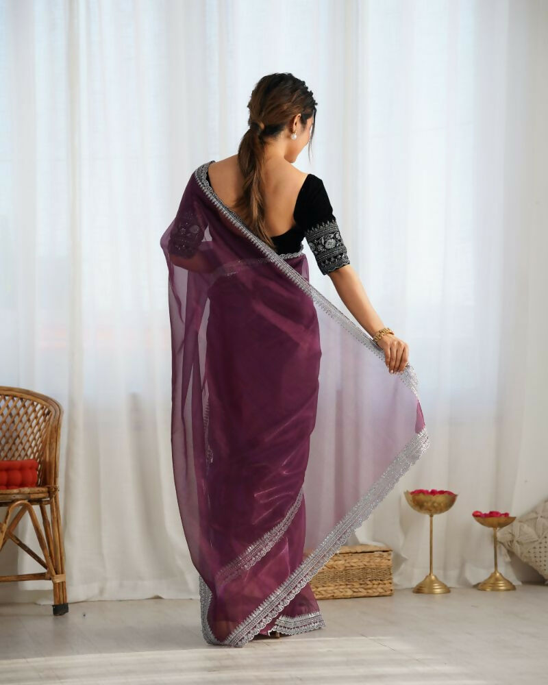 Attrctive Looking Gold Jari, Sequance Embroidery Work Twill Net Party Wear Saree - Wine | Grocsy