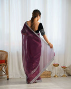 Attrctive Looking Gold Jari, Sequance Embroidery Work Twill Net Party Wear Saree - Wine | Grocsy