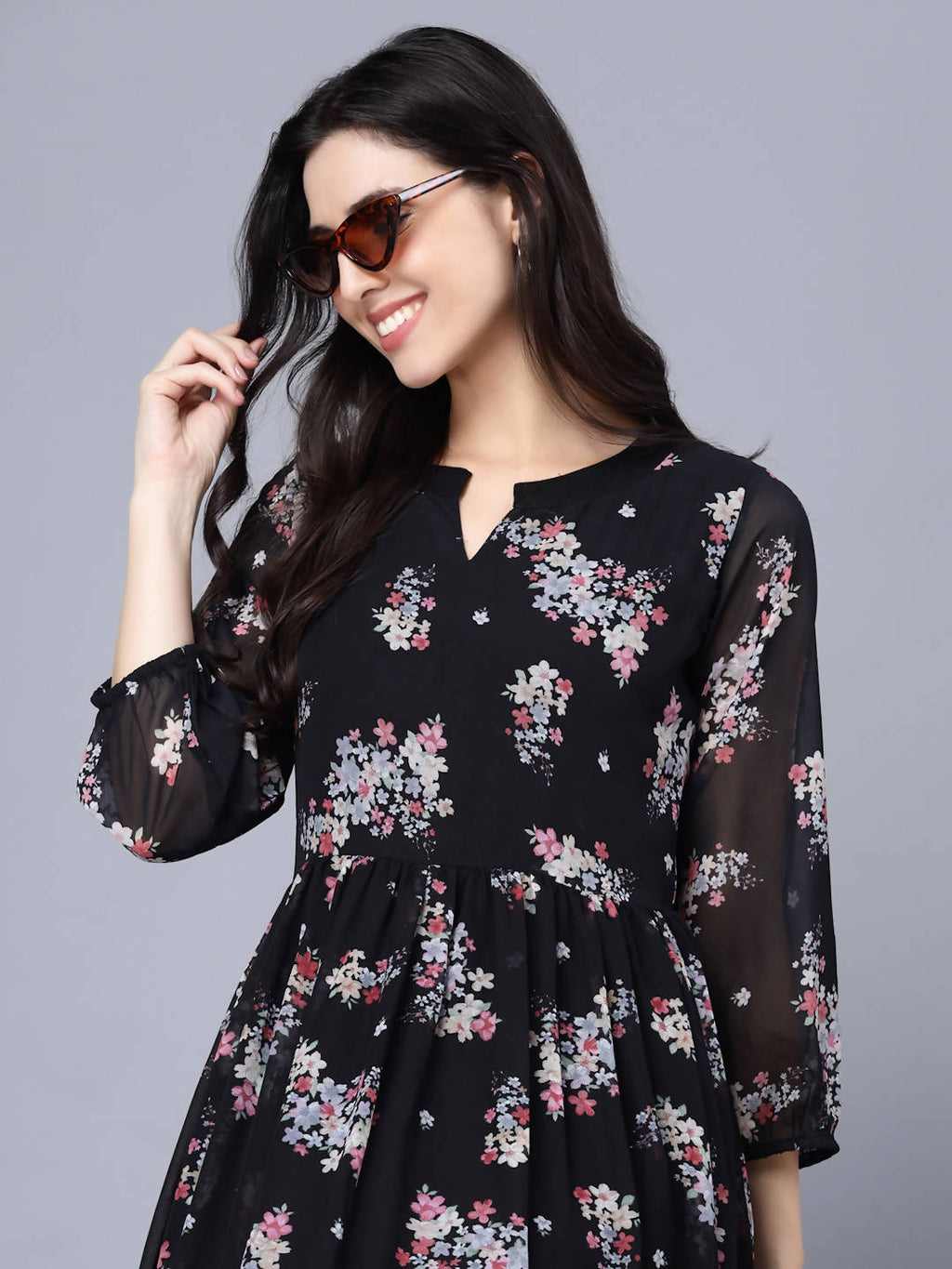 Myshka Black Floral Keyhole Neck Georgette Maxi Dress | Grocsy