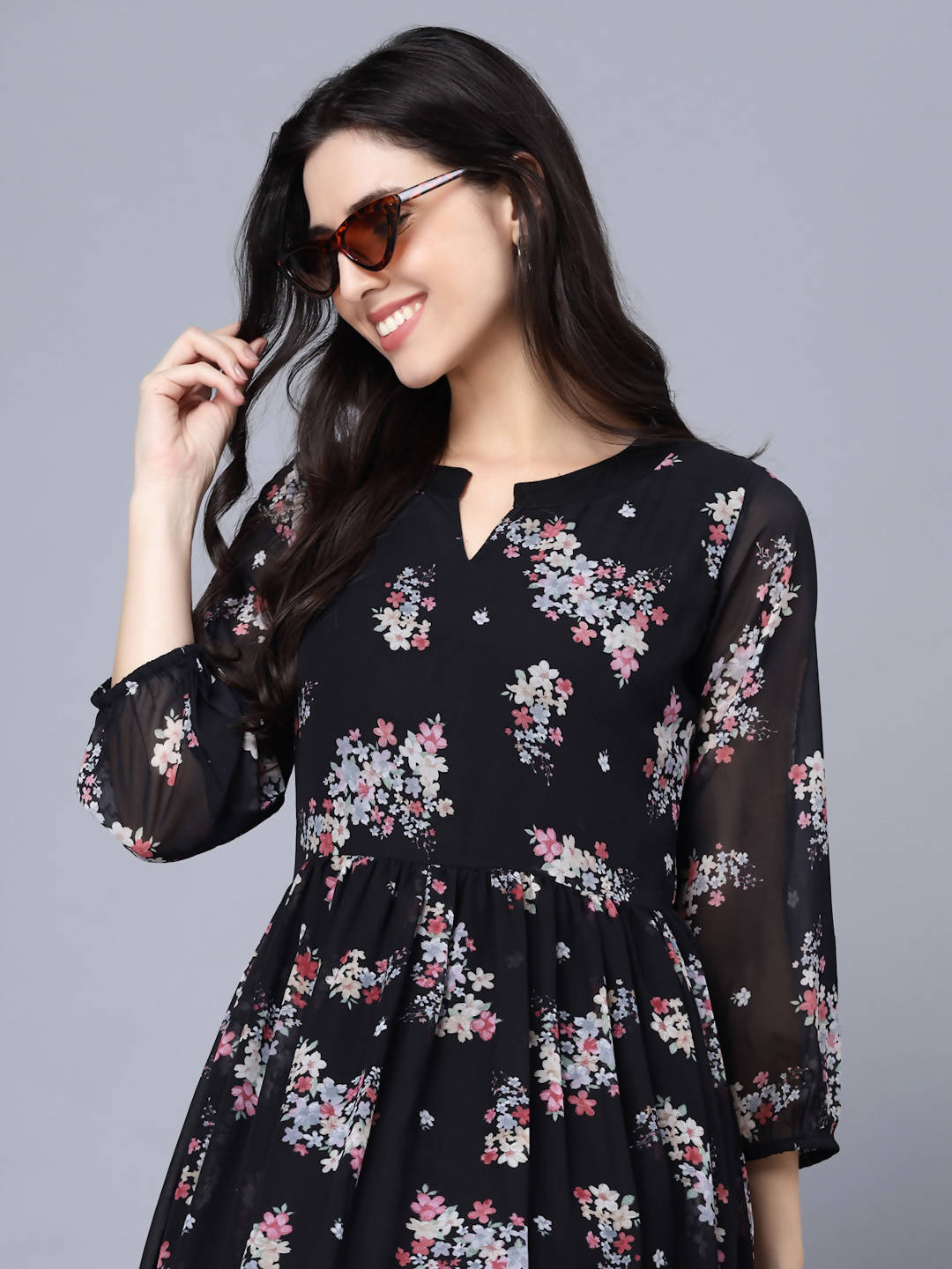 Myshka Black Floral Keyhole Neck Georgette Maxi Dress | Grocsy