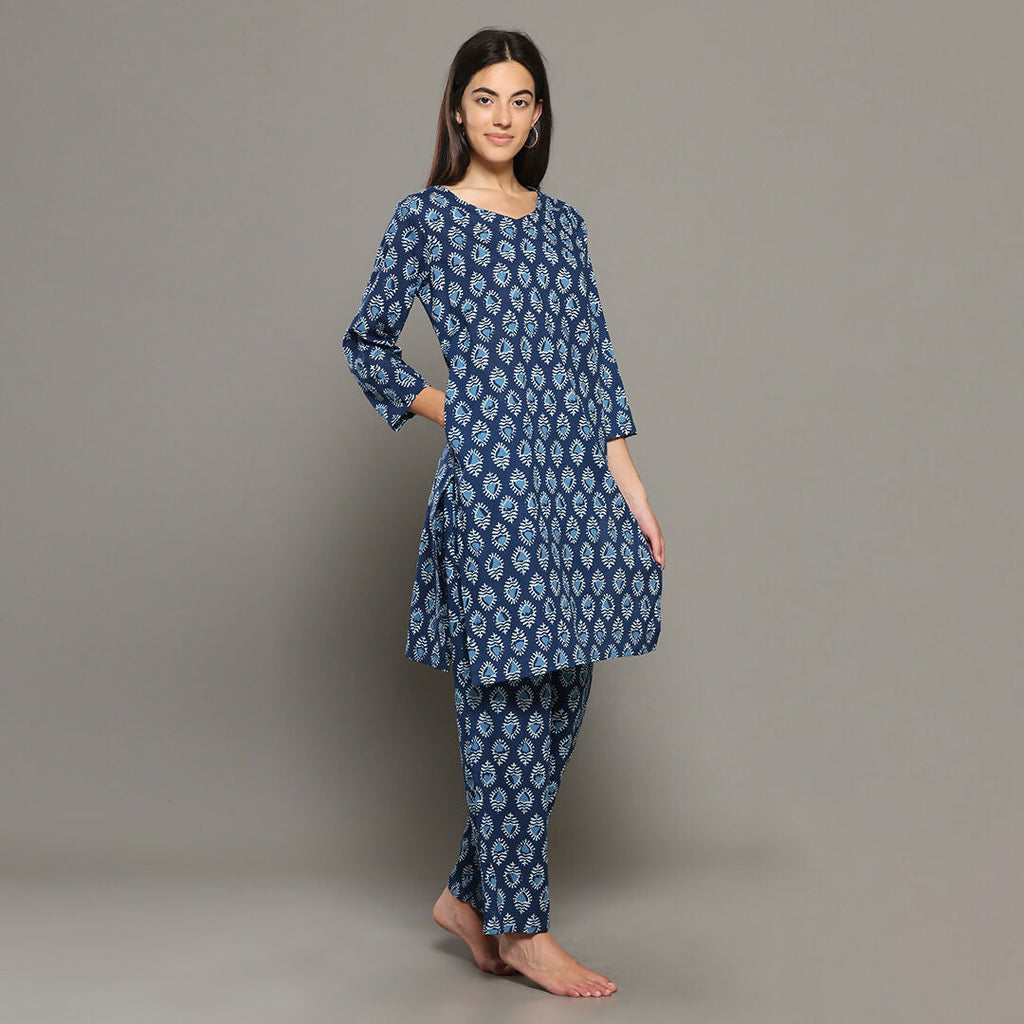 Breathables Blue Women Cotton Printed Loungewear Kurta And Pants Co-Ord Set I Night Wear | Butta Print | Grocsy