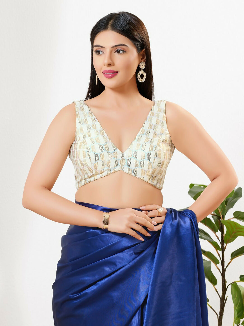 Joban Fashion Gold Sequins Padded Blouse With V Neck Sleeveless | Grocsy