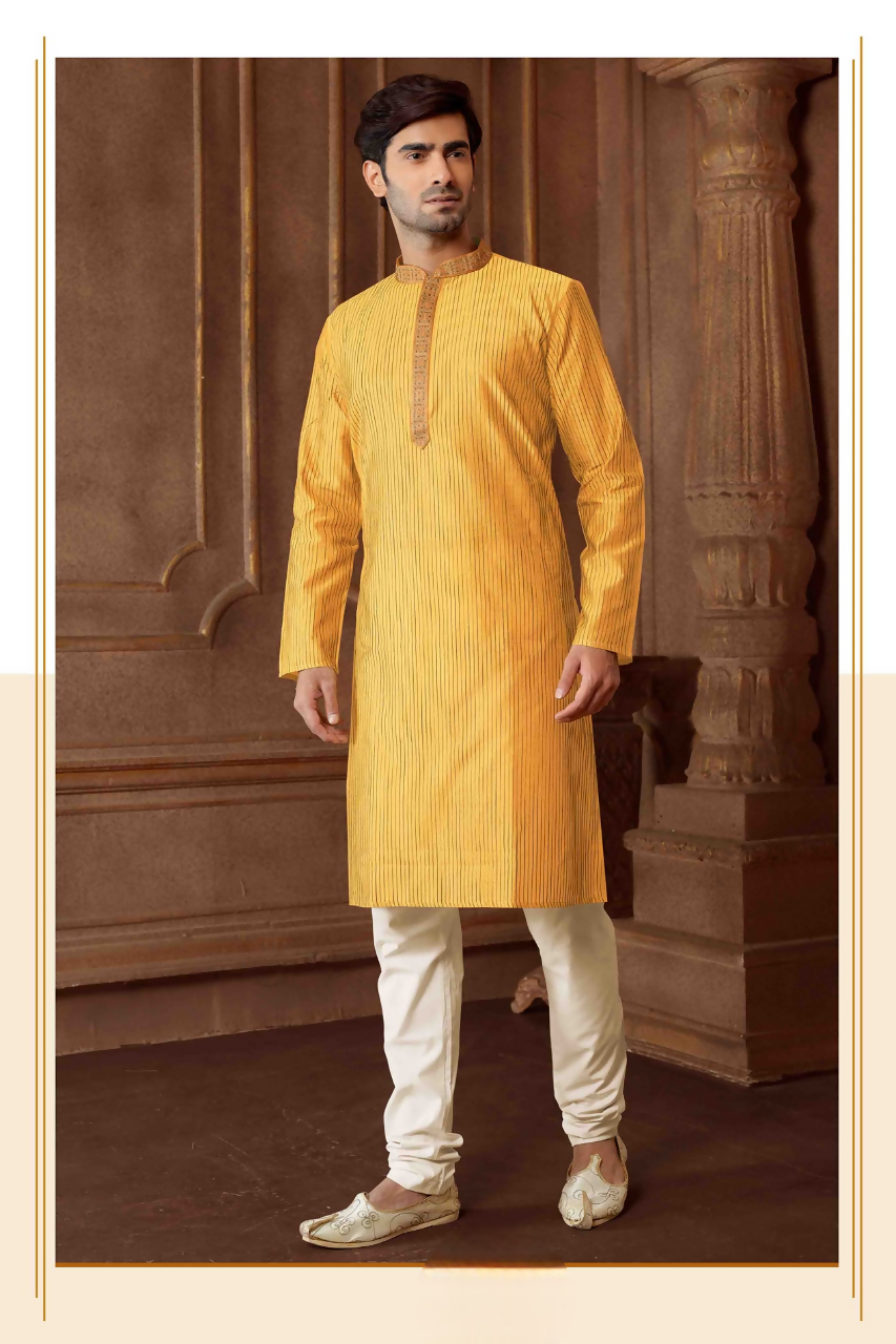 Joban Fashion Musturd art Silk Blend Strips kurta Pyjama | Grocsy