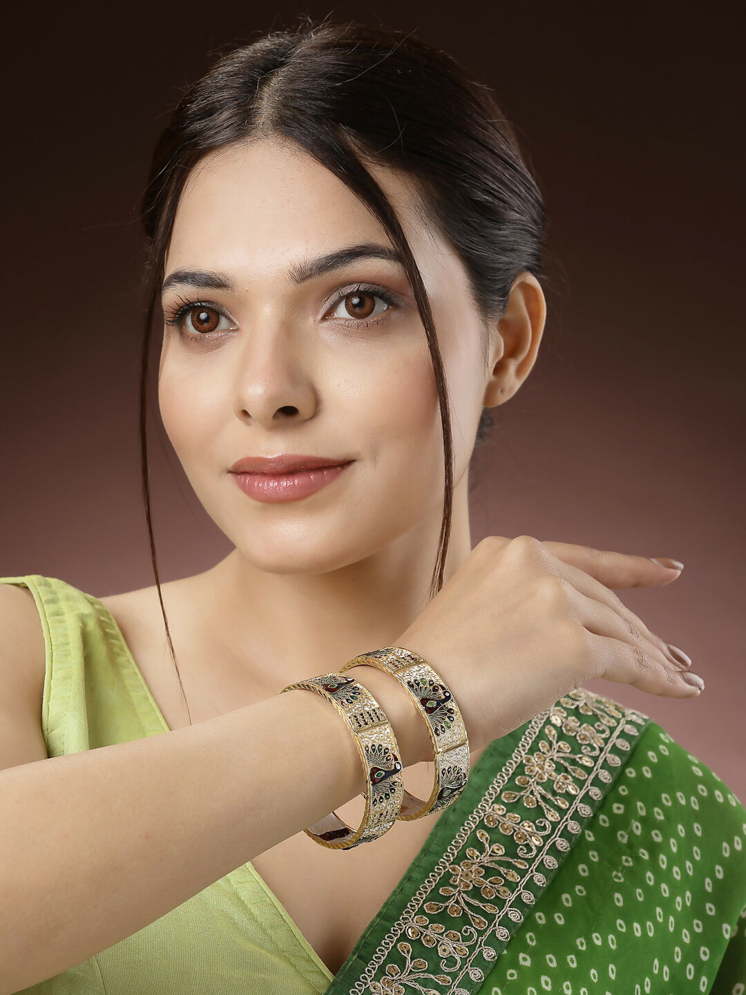 NVR Women's Set of 2 Gold-Polished Peacock Design Meenakari Handcrafted Bangles