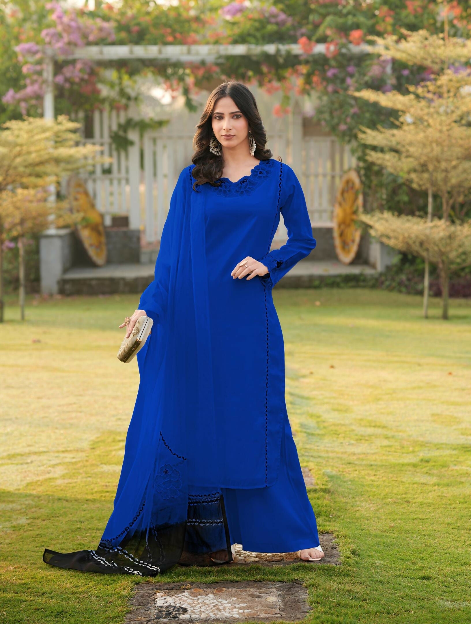 Nikhaar Royal Blue Embroidered Art Silk Stitched Straight Cut Kurta Palazzo Dupatta Readymade Suit | Grocsy