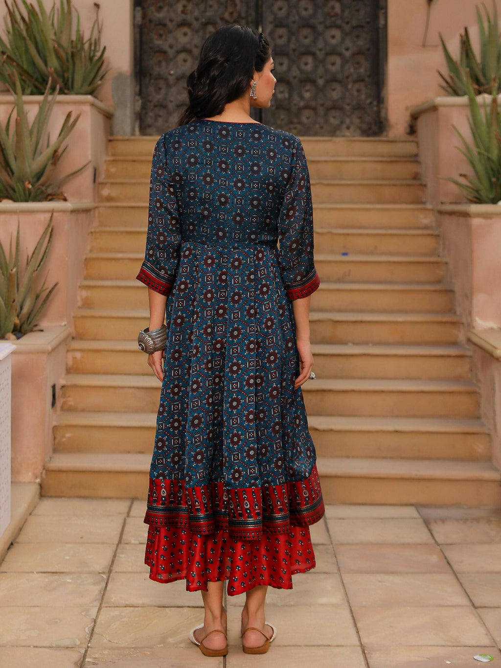 Juniper Women's The Chitrahar Blue Ethnic Motif Printed Cotton Dress With Mirror Work | Grocsy