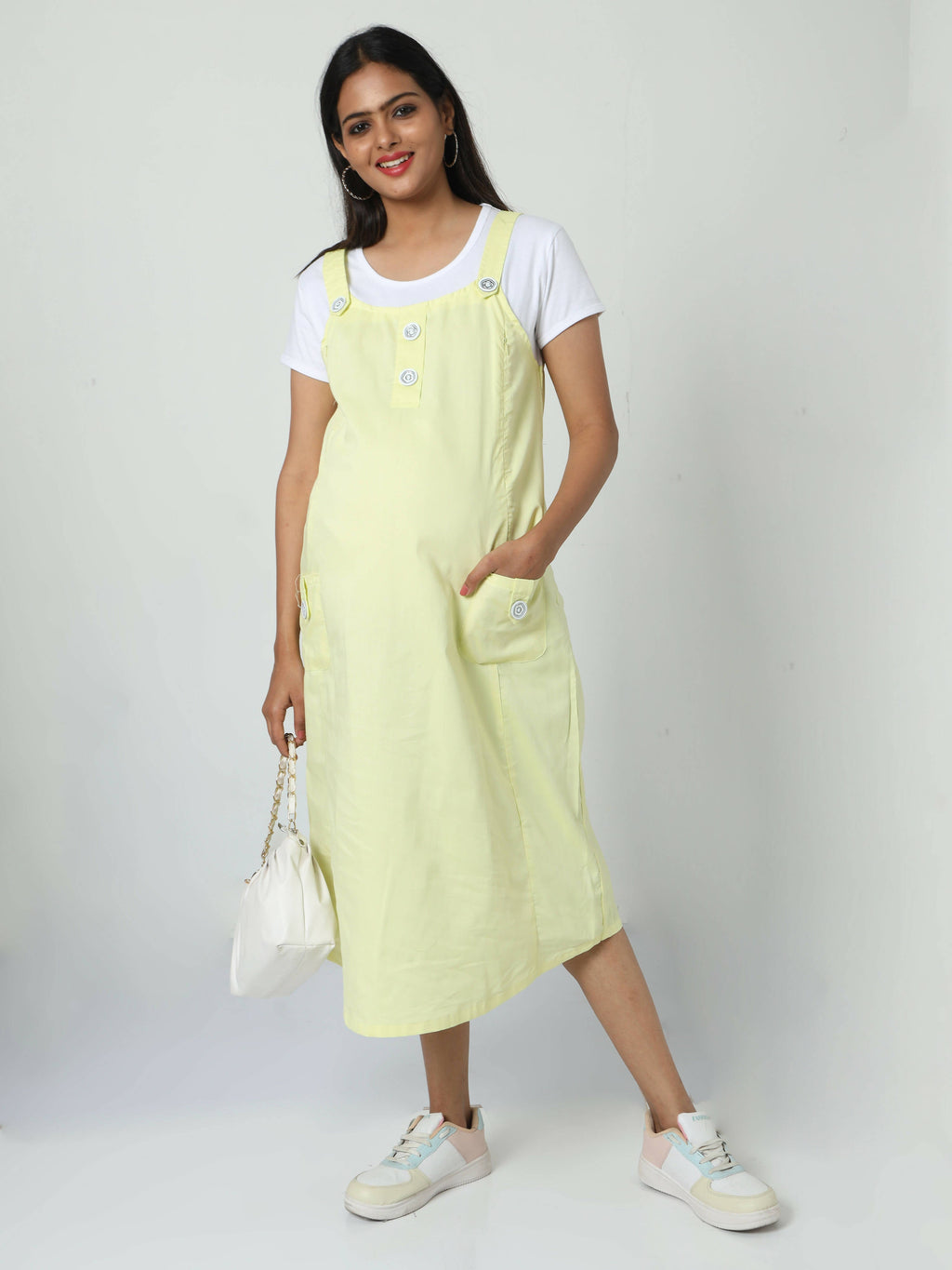 Manet Half Sleeves Solid Maternity Dress With Concealed Zipper Nursing Access - Yellow | Grocsy