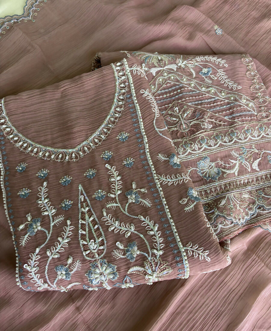 KC Beautiful Peach Chiffon Silk Hand Embroidery Suit For Women | Grocsy