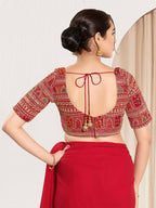 Joban Fashion Red Brocade Padded Blouse With Sweetheart Neck Elbow Sleeves | Grocsy