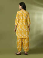 Myshka Women's Yellow Printed Cotton Round Neck Party Tunic With Trousers Co-ord set | Grocsy