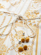 Juniper Mustard Printed Rayon Lacy Maxi Dress With Mirror Embroidered Neckline & Tassels At Waist | Grocsy