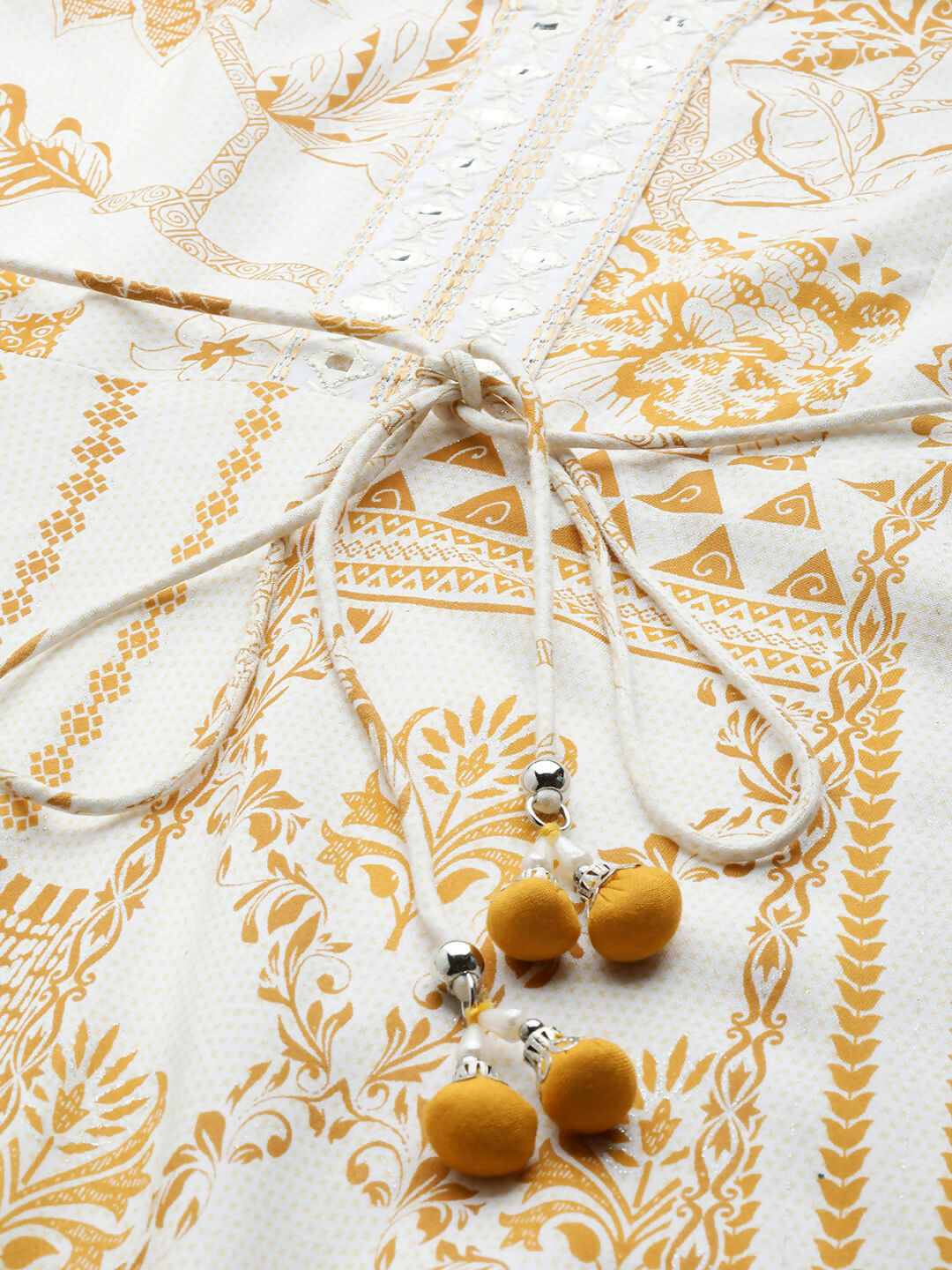Juniper Mustard Printed Rayon Lacy Maxi Dress With Mirror Embroidered Neckline & Tassels At Waist | Grocsy