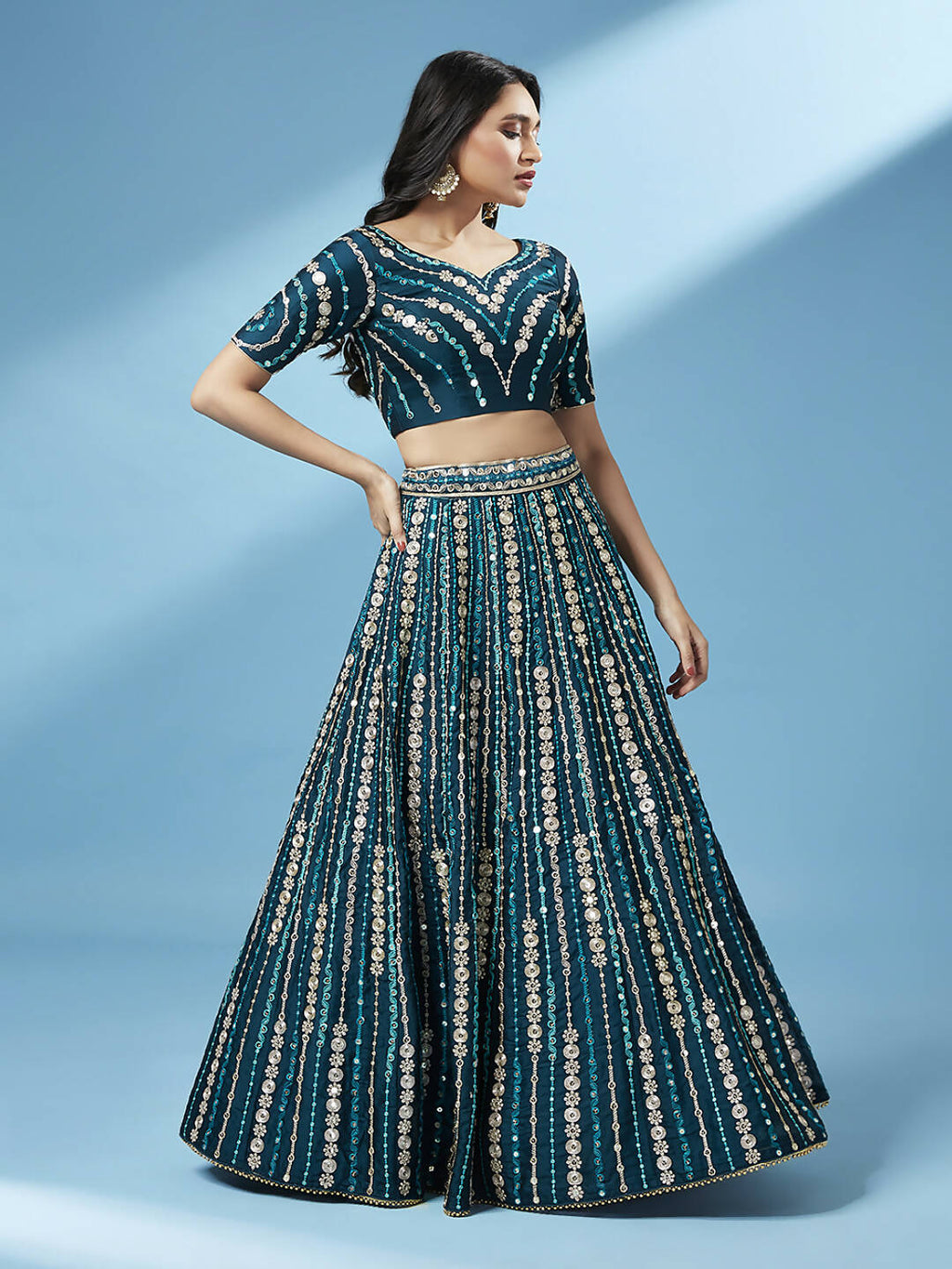 House of Panchhi Teal Pure Georgette Sequinse Work Lehenga & Blouse with Dupatta | Grocsy