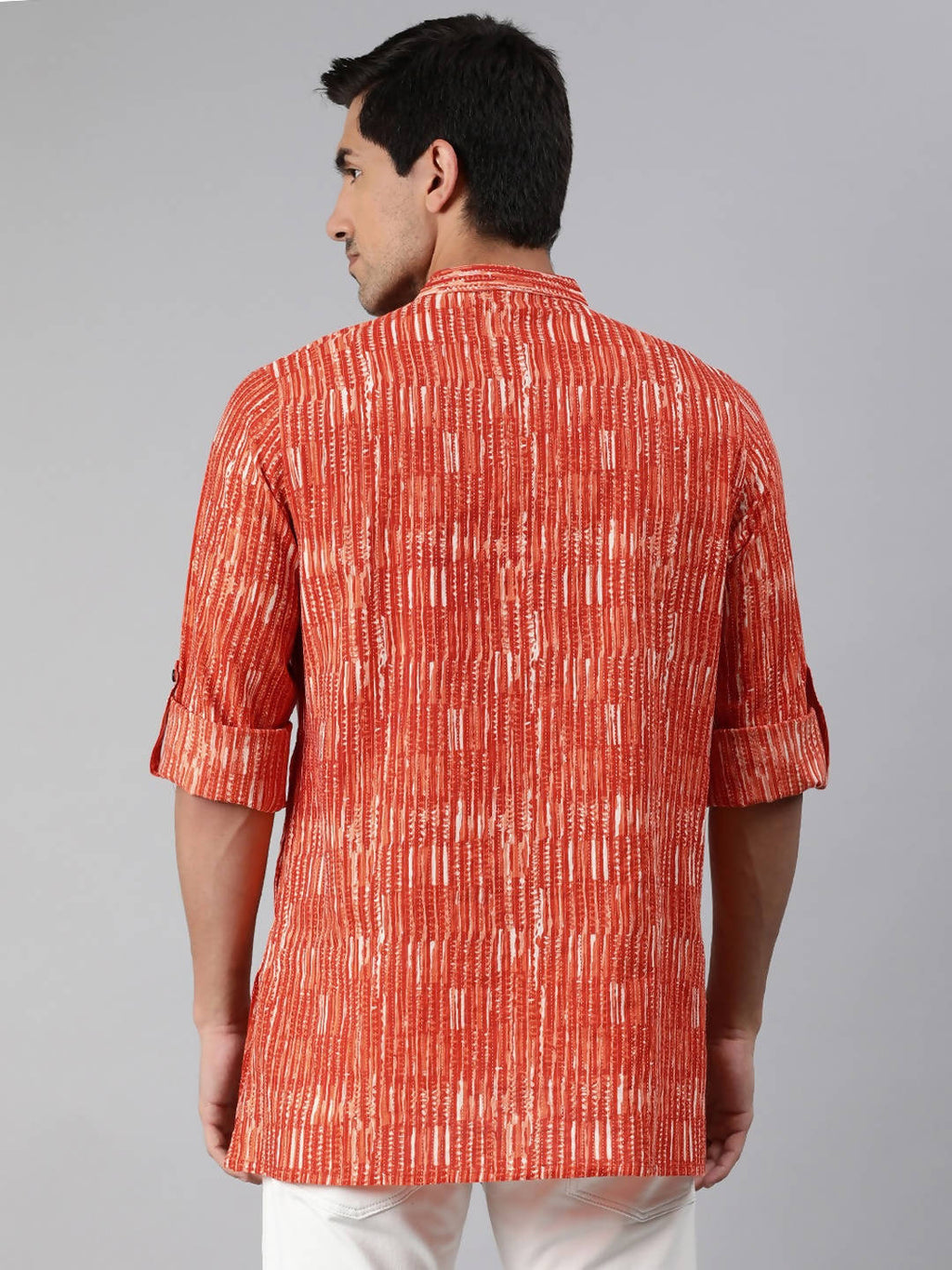 Janasya Men Orange & White Striped Kurta | Grocsy