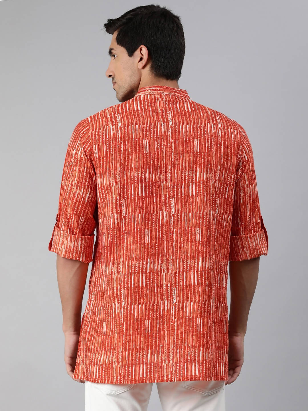 Janasya Men Orange & White Striped Kurta | Grocsy