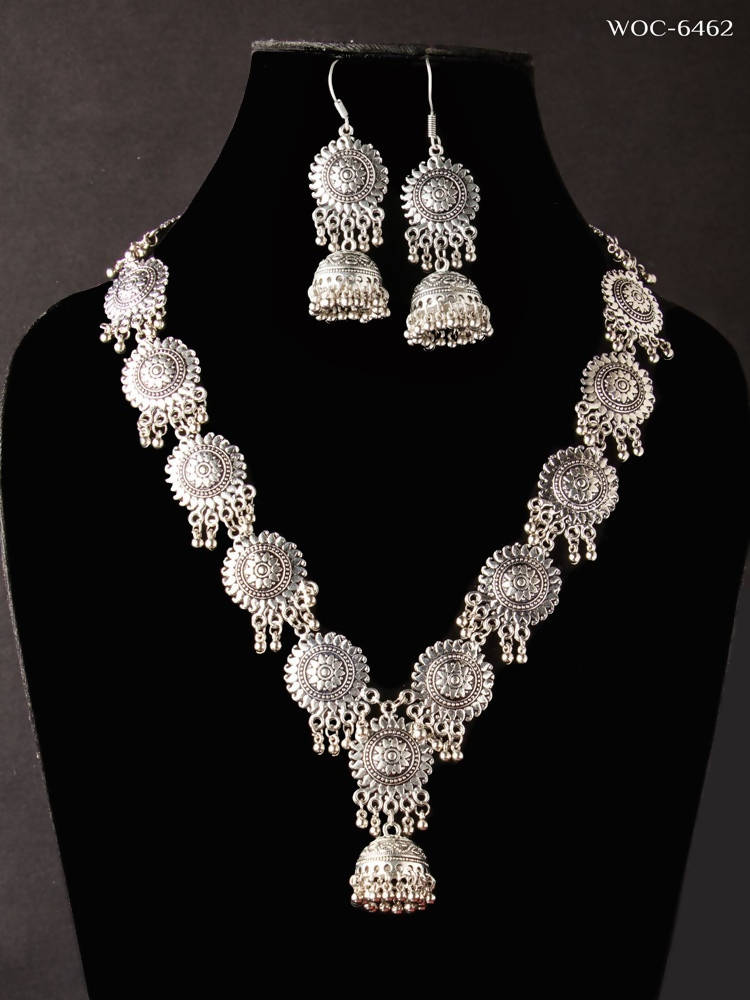 Mominos Fashion Johar Kamal Oxidised Silver Long Necklace Set | Grocsy