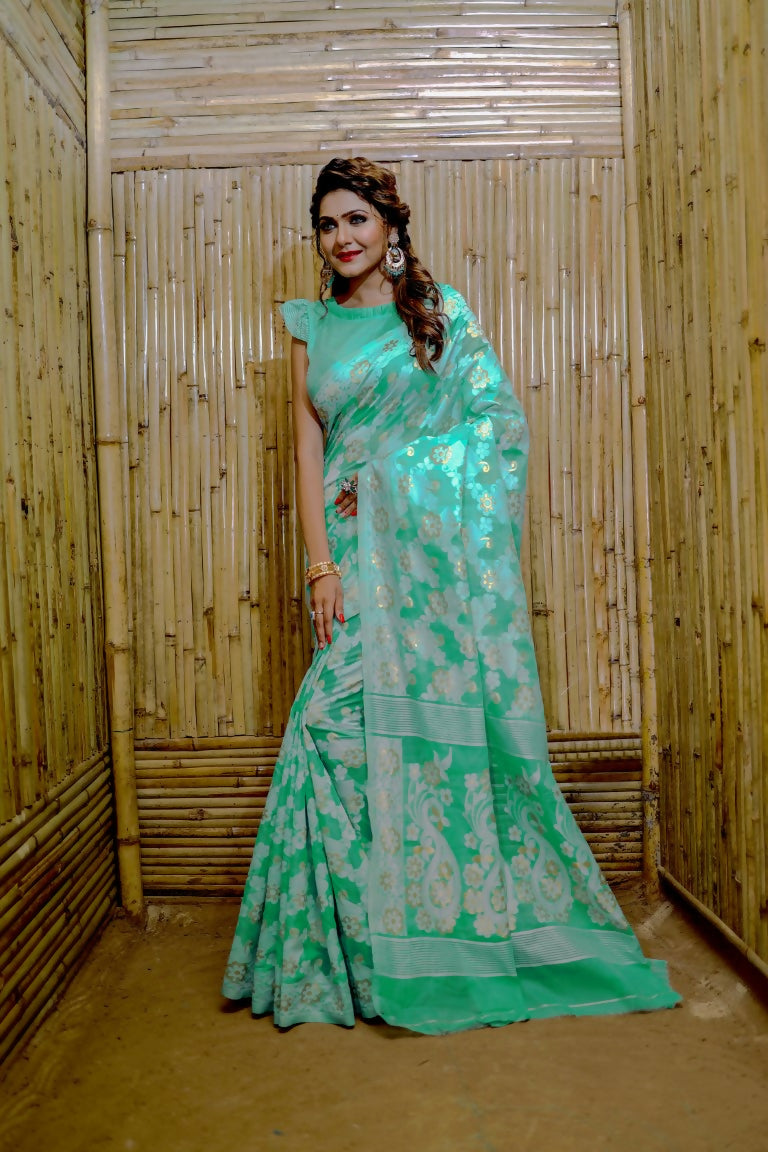 Partywear Designer Rama Jamdani contton Fancy Saree - Starwalk | Grocsy