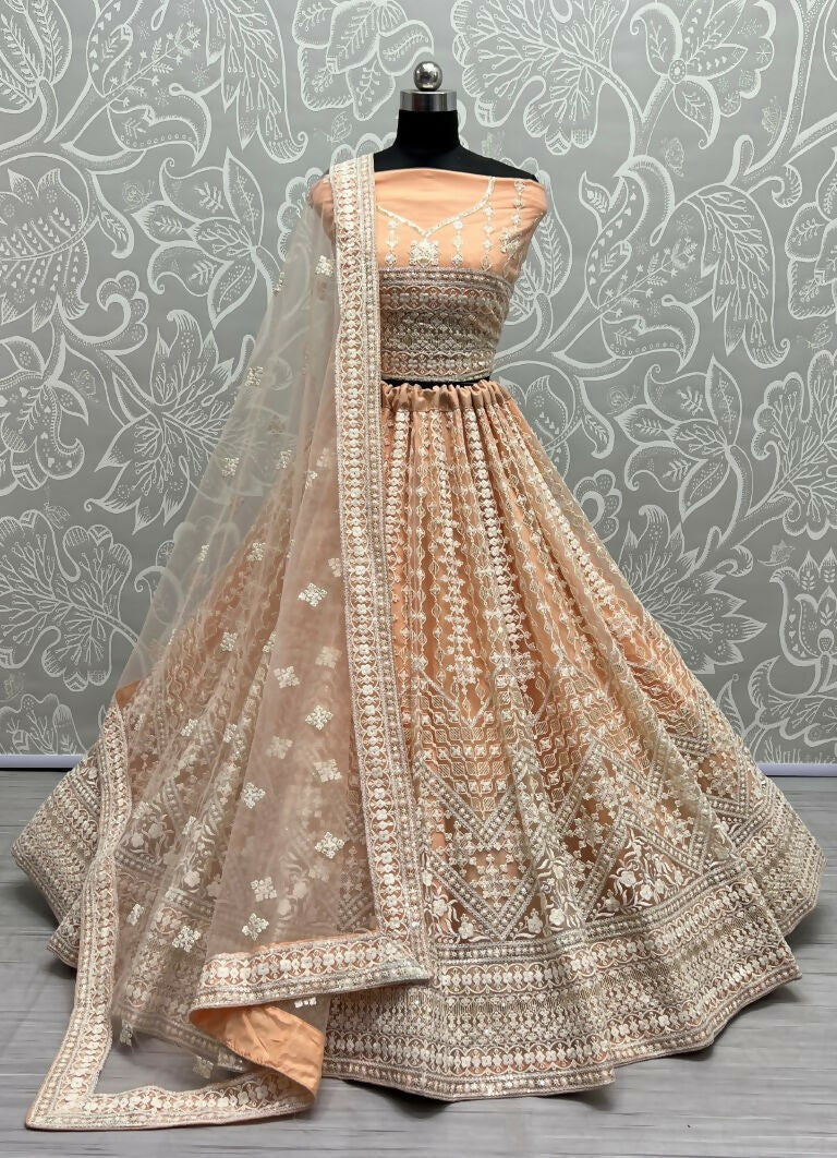 Jyoti Fashion Women's Peach Net Patterned Thread Embroidered with Sequins Wedding Lehenga Choli | Grocsy