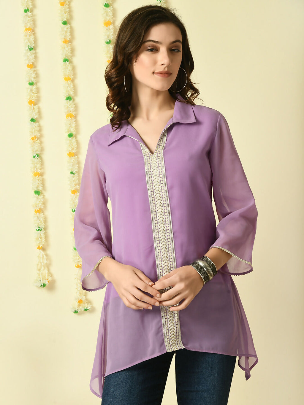Myshka Women's Purple Embroidered Party Fusion Top | Grocsy
