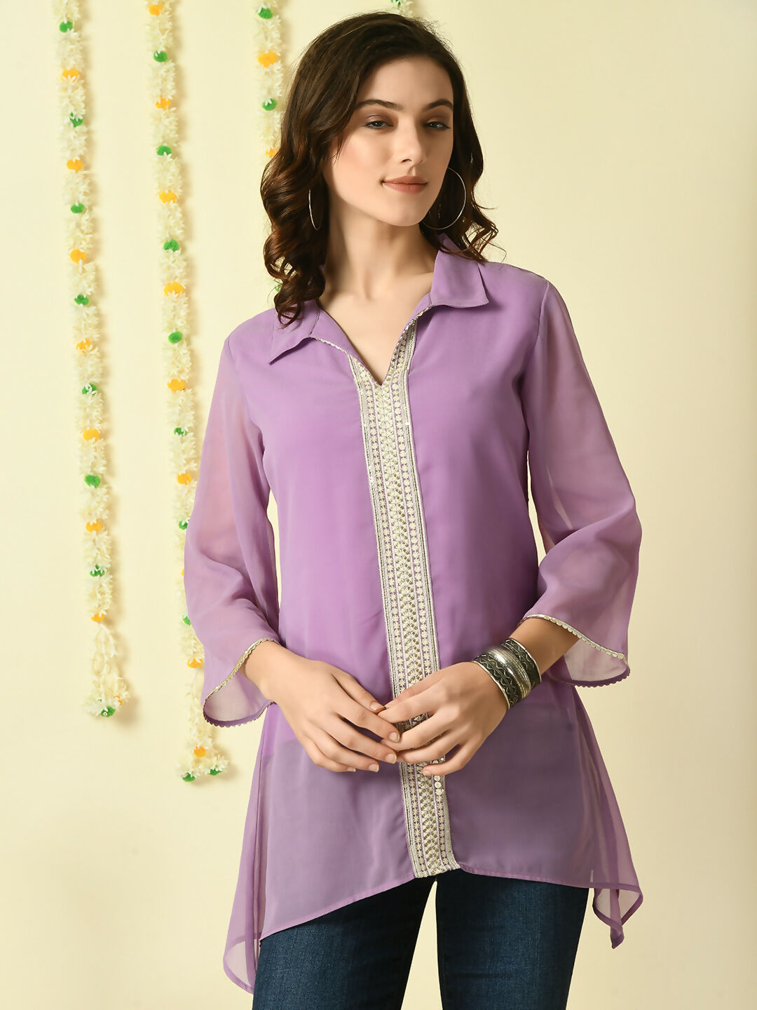 Myshka Women's Purple Embroidered Party Fusion Top | Grocsy