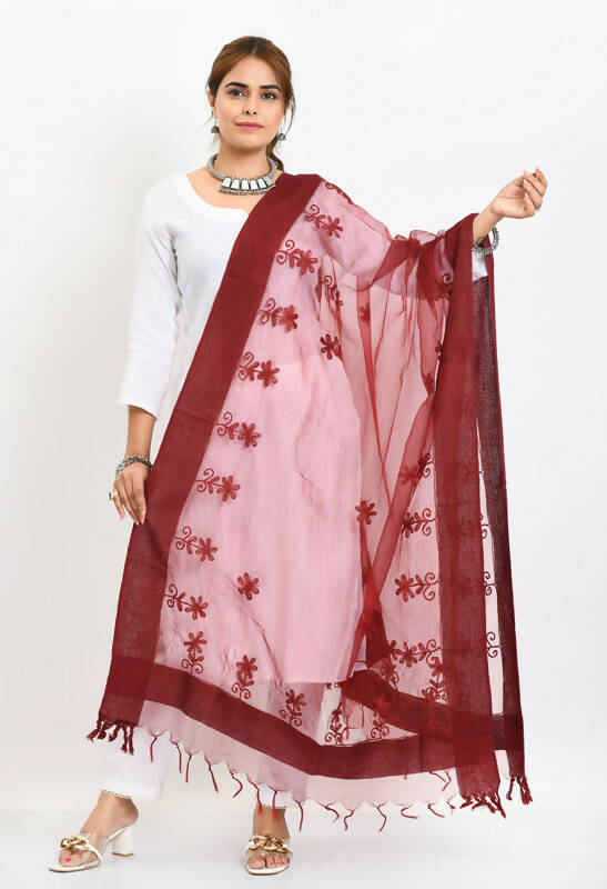 Mominos Fashion Moeza Women's Orgenza All Over Chikan Work Maroon Dupatta | Grocsy