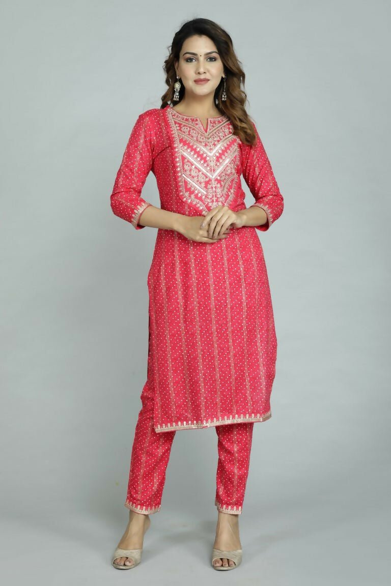 Alvano Beautiful Embroidery Print Straight Kurti with Pant and Dupatta set for Women and Girls Rayon | Grocsy
