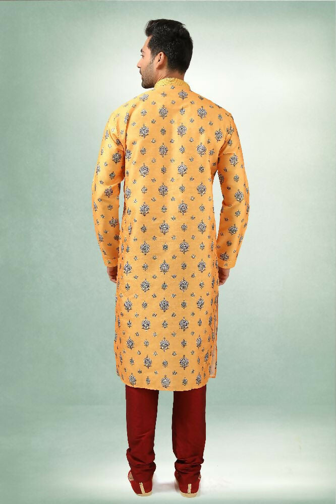 Raivat Ethnic Art Silk Printed Work Kurta Pajama In Yellow Colour | Grocsy