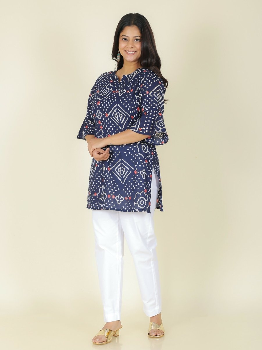Aramya Blue Soft Cotton Bandhani Print Straight Kurta Set for Women | Grocsy