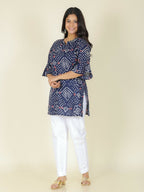 Aramya Blue Soft Cotton Bandhani Print Straight Kurta Set for Women | Grocsy