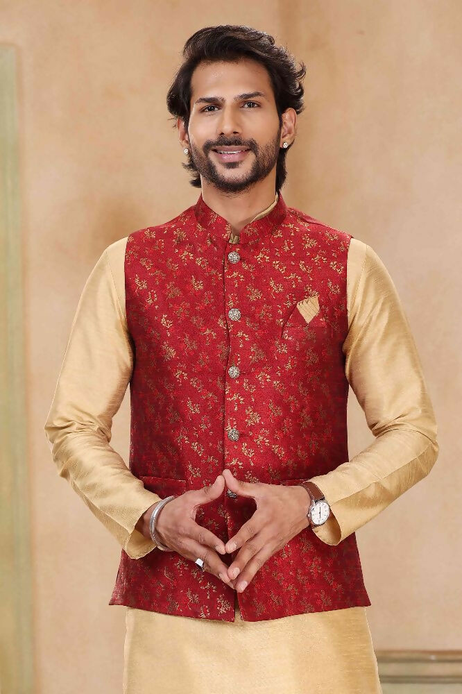 Raivat Ethnic Jacquard Banarasi Silk Woven Work 3 Pics Jacket Set In Maroon Colour | Grocsy