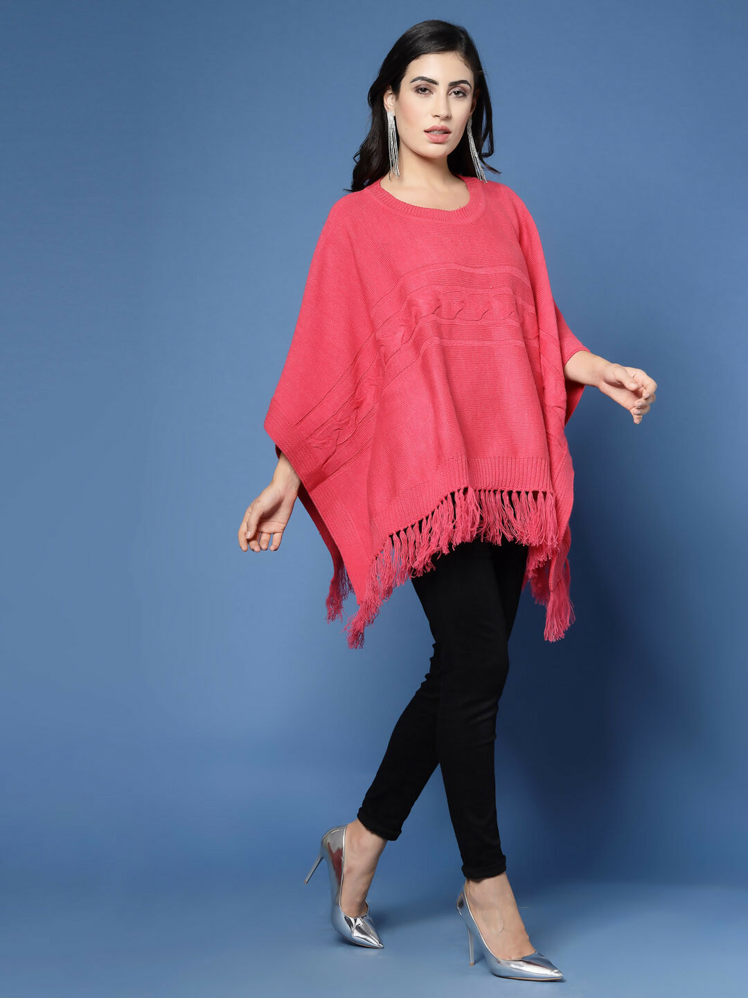 Women Fuchsia Acrylic Self Design Poncho - Wool Trees | Grocsy