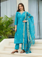 The52 Blue Women's Gorgeous Viscose Fabric Embroidered Work Straight Kurta, Pant and Dupatta Set | Grocsy