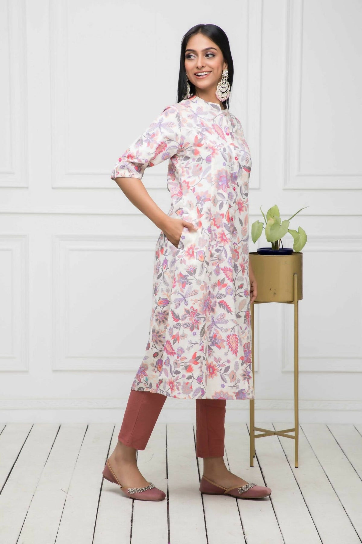 Myshka Women Cotton A-Line Round Neck Multi Floral Kurtas | Grocsy