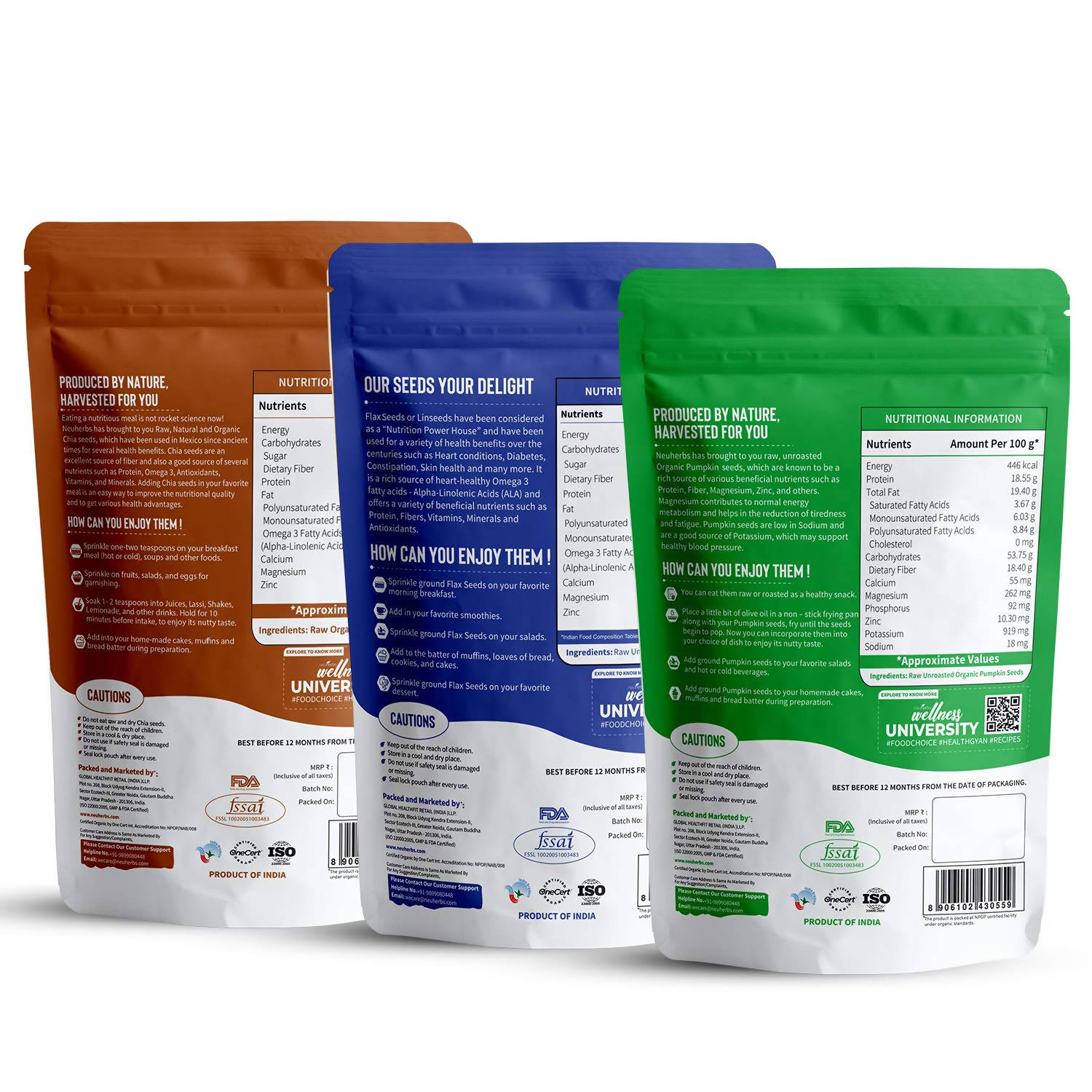 Neuherbs Organic Flax, Chia, and Pumpkin Seeds Combo | Grocsy