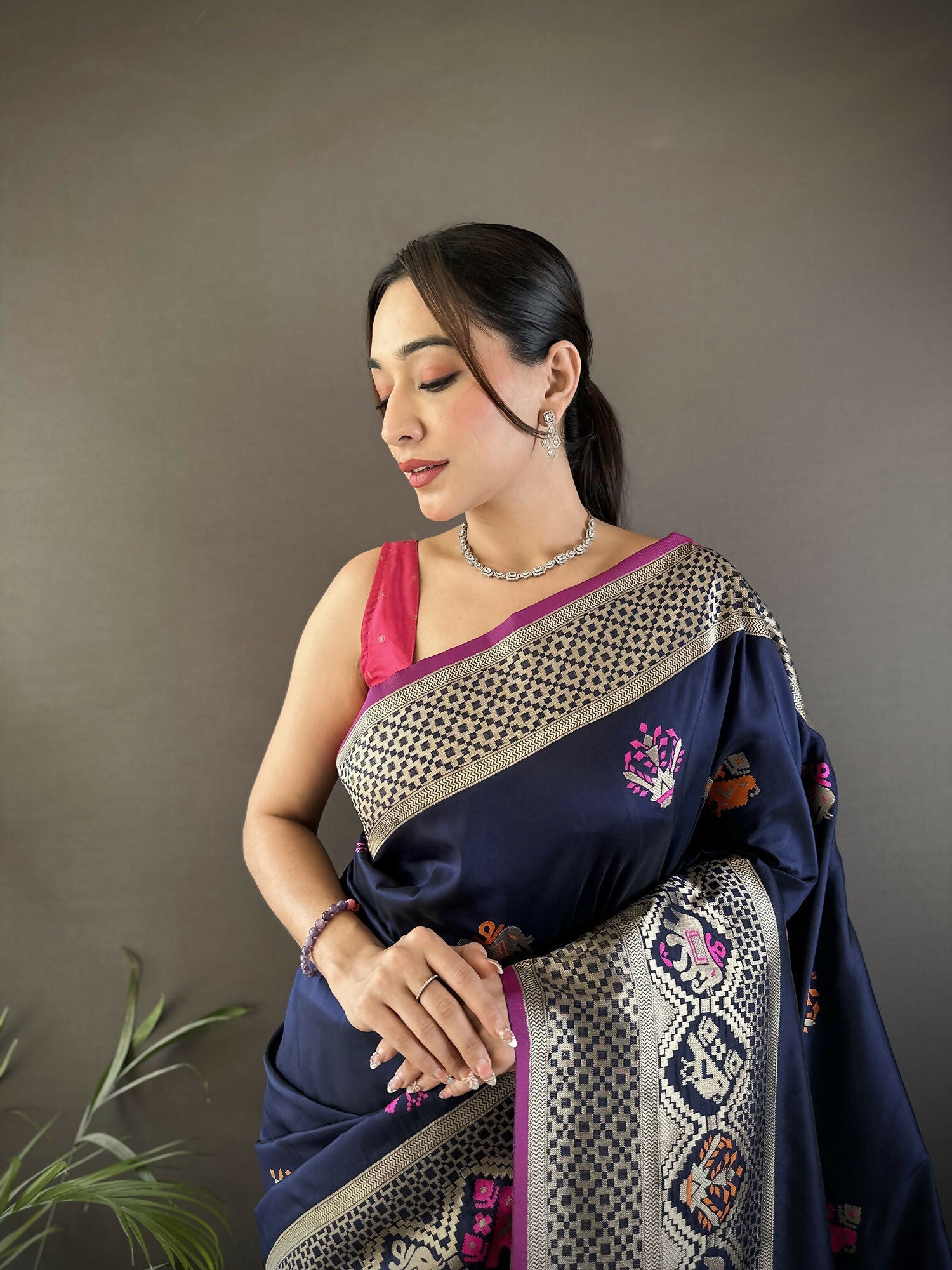 Joban Fashion Navy Blue Elephant & Floral Motifs Soft Lichi Silk Banarasi Saree | Grocsy
