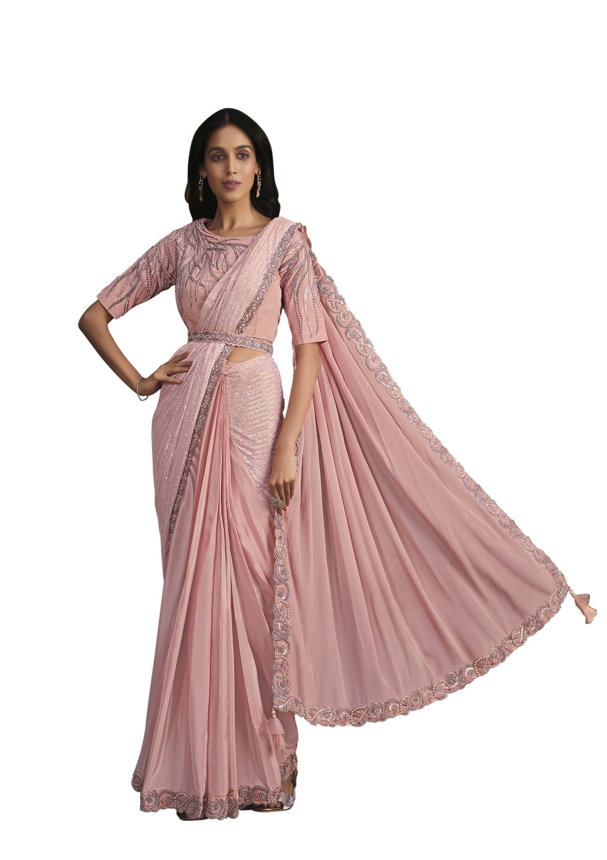 Peach Georgette Crepe Silk Sequence Embroidered Saree With Stitched Blouse - Mohmanthan La Belle | Grocsy