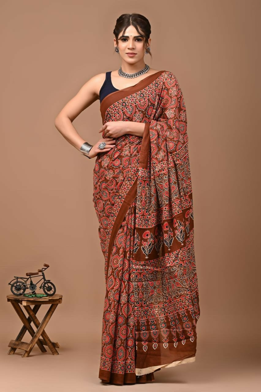 Exclusive Collection Brown Multi Beautiful Mulmul Cotton Saree | Grocsy