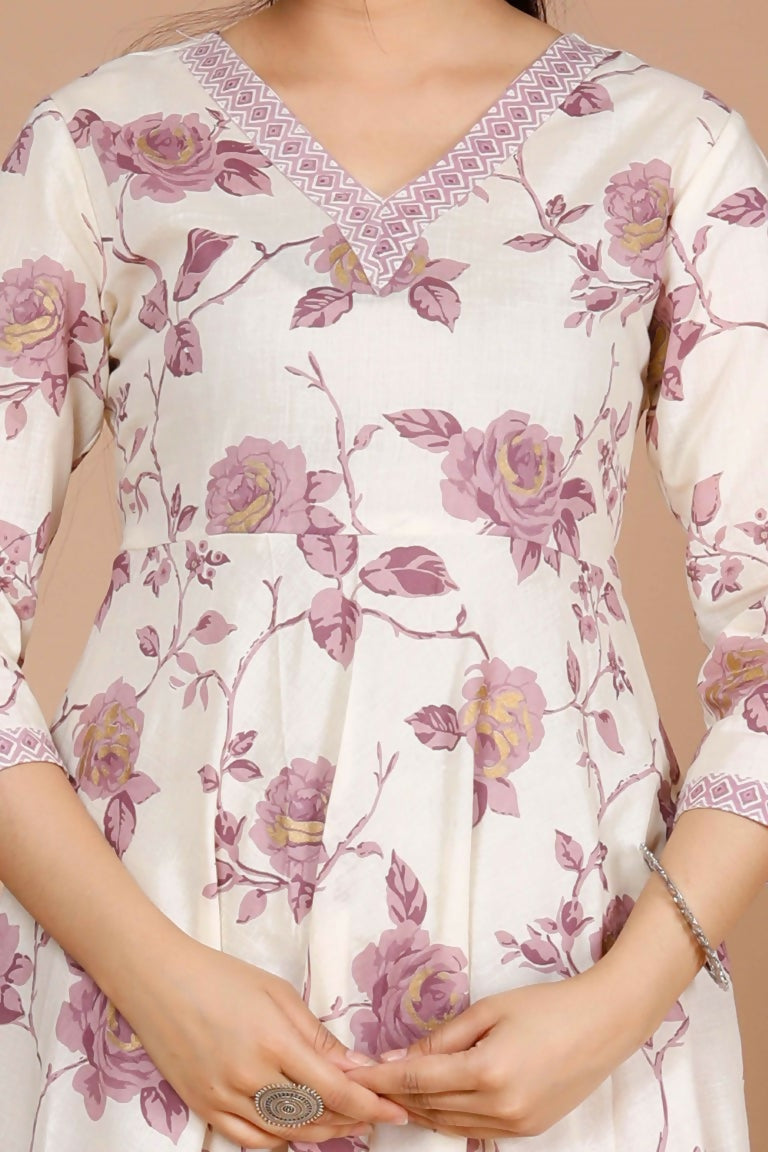Miravan Women's Pink Floral Printed Anarkali Kurta With Palazzo | Grocsy