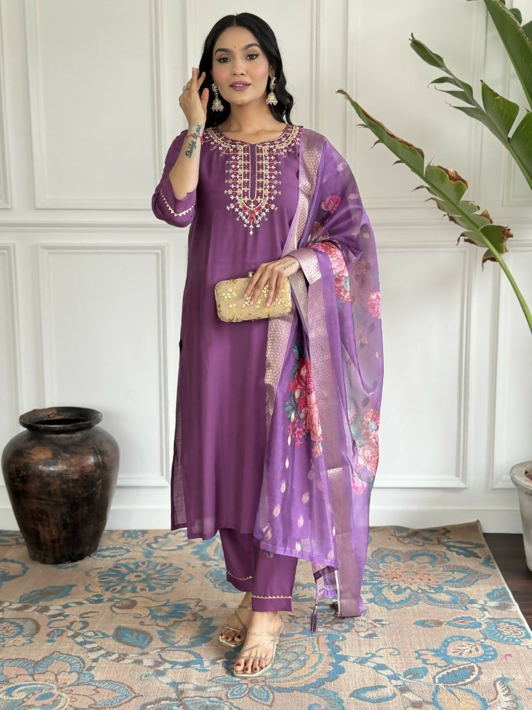 Purple Viscose chanderi Stitched Suit With Dupatta - Tanisha | Grocsy