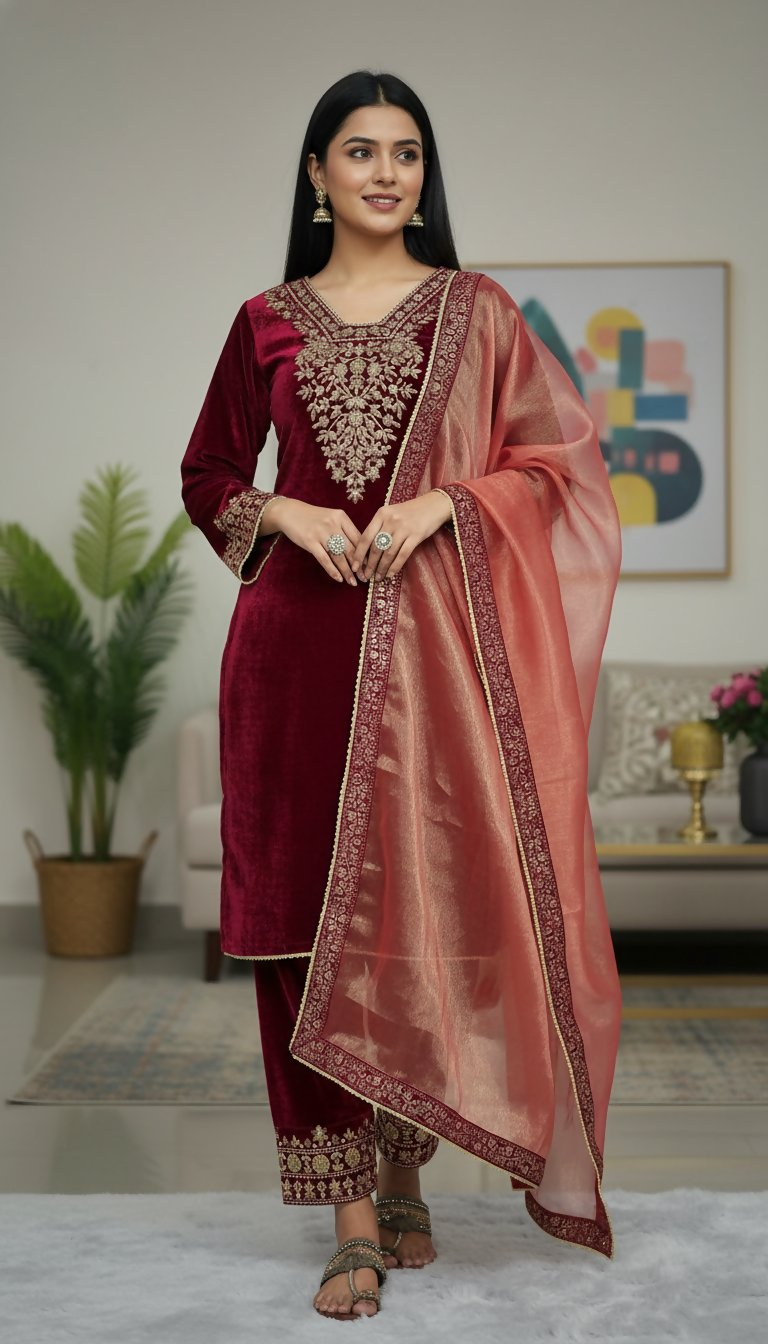 Teeya Creation Red Color Velvet Designer Embroidery Work party Wear Suit | Grocsy