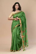Very Much Indian Handloom Cotton Silk Maheshwari Saree With Sleek Golden Border - Leaf Green | Grocsy