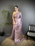 Joban Fashion Lavender Floral & Paisley Motifs Soft Satin Silk Banarasi Saree | Grocsy