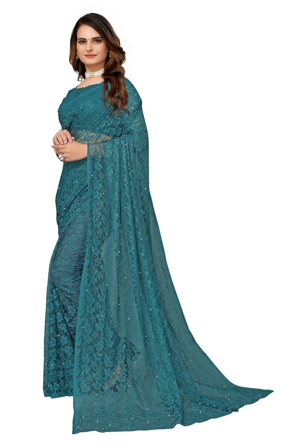 Vamika Rama Green Pearls Net Saree | Grocsy