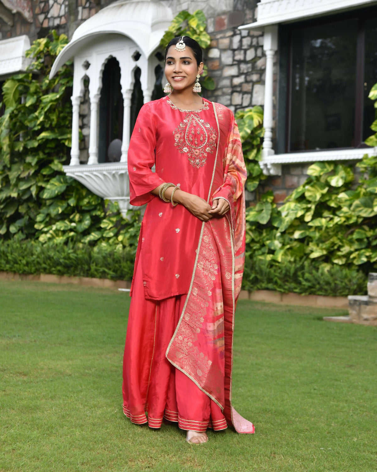 Vaasva Women's Silk Red Emboidered Solid Kurta, Sharara & Dupatta Set | Grocsy