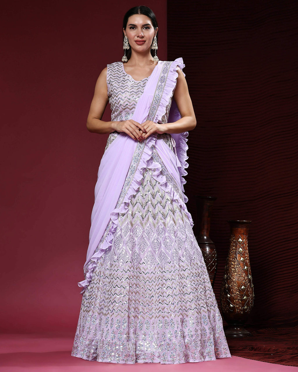 Lavender Pure Viscose Georgette Thread With Sequins Embroidery Work Lehenga Choli With Dupatta - Tanya | Grocsy