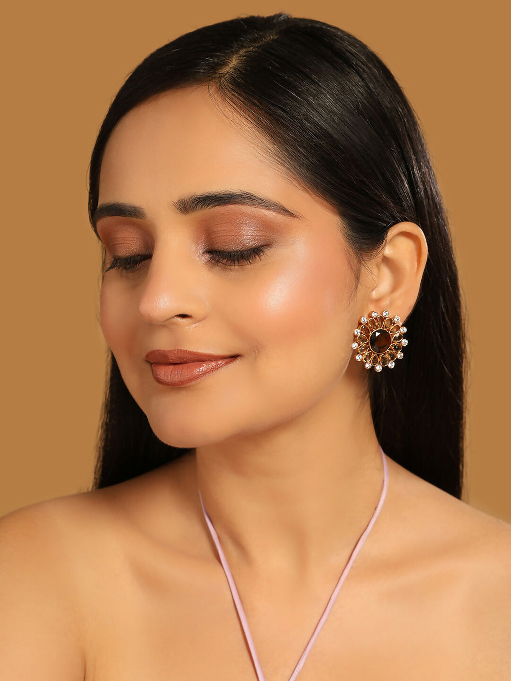 Nuyug 22K Gold Plated Faux Smoky Quartz & White Crystal Studded Contemporary Floral Shaped Studs | Grocsy