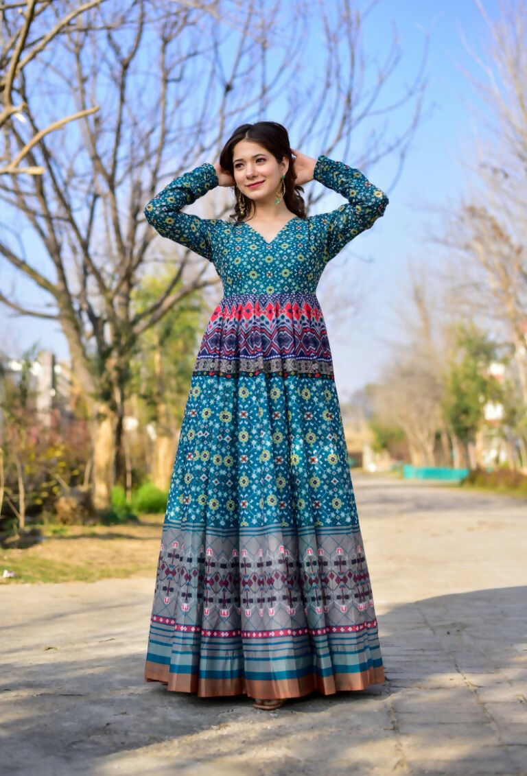 Jyoti Fashion Women's Blue Heavy Digital Printed Cotton Silk Anarkali Dress | Grocsy