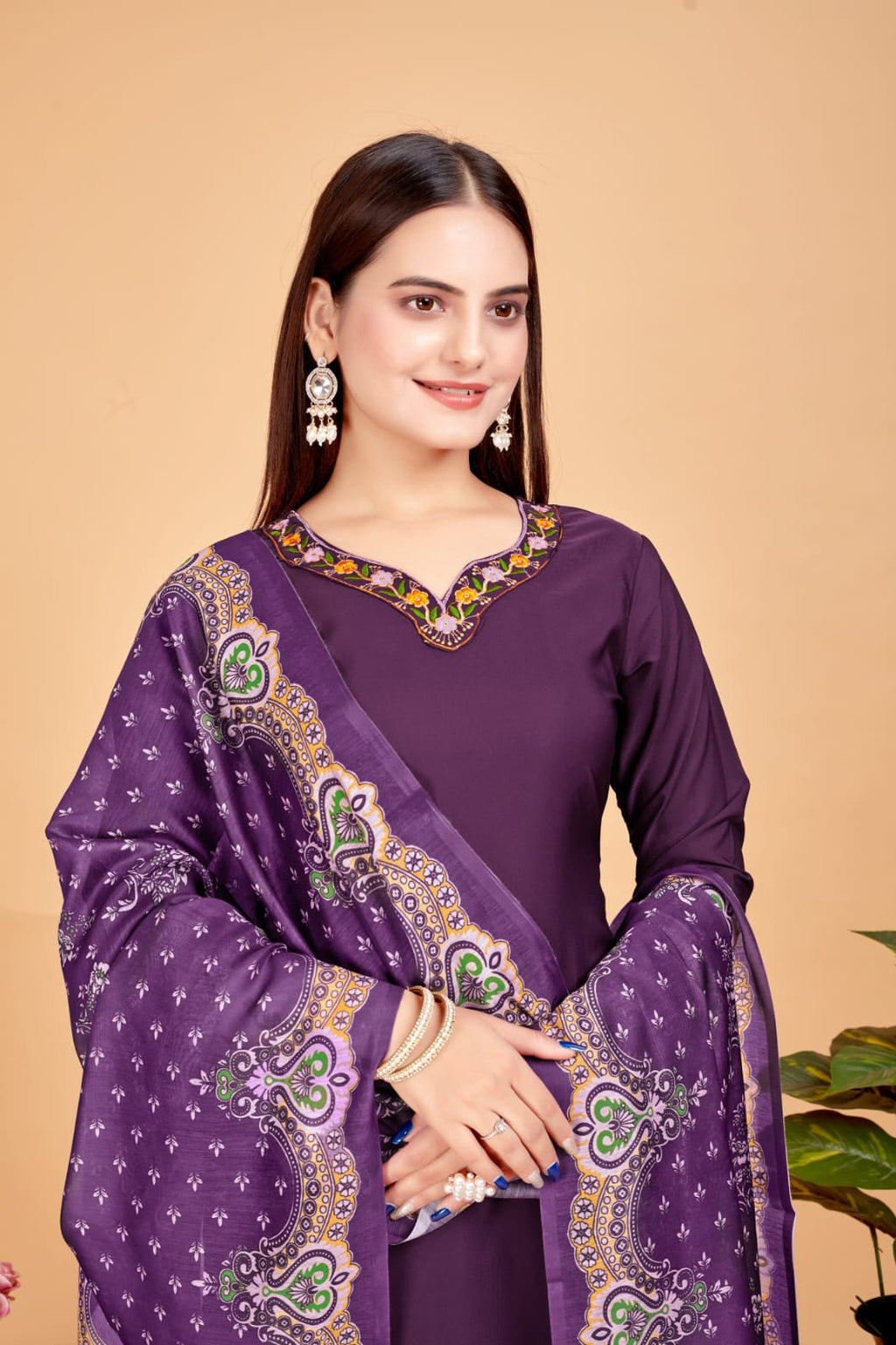 Women's Embroidered Purple Kurta Set with Dupatta Set - A2M | Grocsy